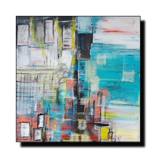“Vibrant abstract cityscape painting in acrylic on canvas. Watch bold brushstrokes and textured layers come to life in this mesmerizing 12x12 artwork, ready to hang. Perfect for modern art lovers and urban decor enthusiasts.”