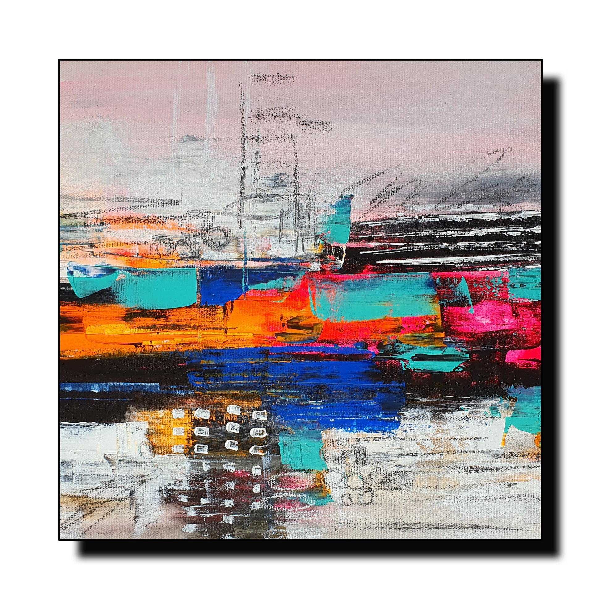 A vibrant abstract painting titled “Neon Dream,” measuring 12x12 inches, acrylic on canvas. The artwork features bold strokes of electric blue, fiery orange, neon pink, and deep black, layered with textured brushwork. Hints of white and soft pastels blend into the background, creating a sense of movement and depth. Subtle sketch-like details add an urban, dreamlike quality. The piece is ready to hang on the wall.