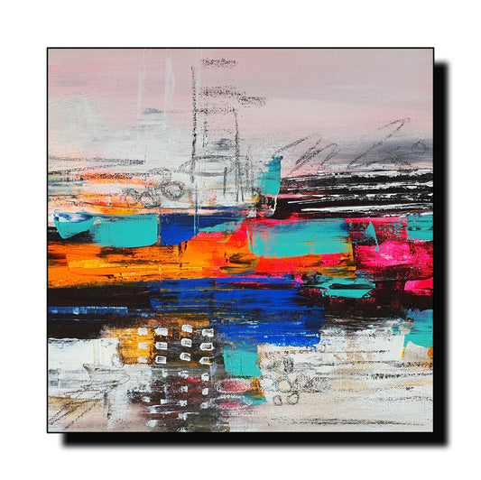 A vibrant abstract painting titled “Neon Dream,” measuring 12x12 inches, acrylic on canvas. The artwork features bold strokes of electric blue, fiery orange, neon pink, and deep black, layered with textured brushwork. Hints of white and soft pastels blend into the background, creating a sense of movement and depth. Subtle sketch-like details add an urban, dreamlike quality. The piece is ready to hang on the wall.