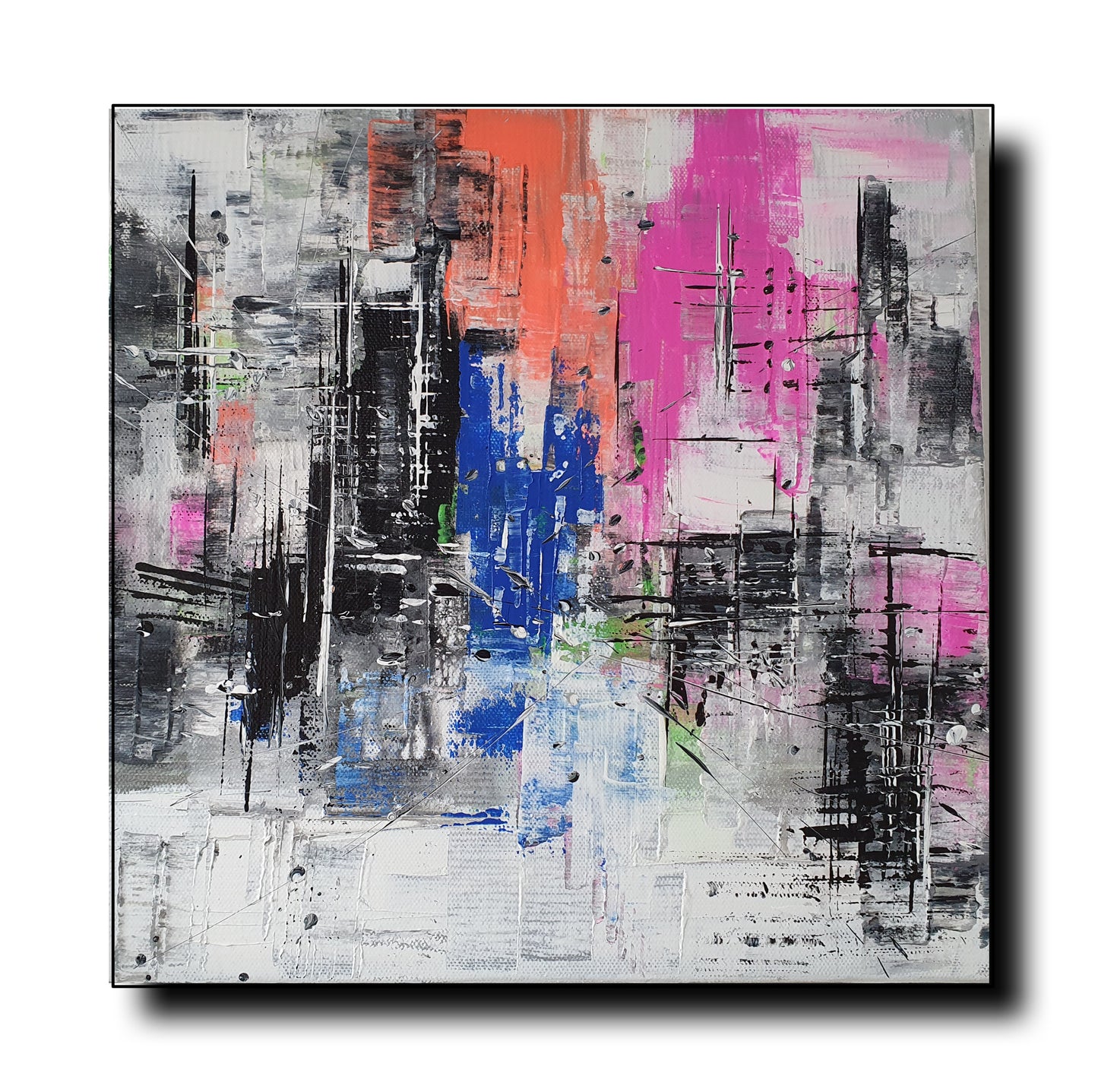 “Neon Metropolis abstract cityscape painting with bold black structures, neon pink, electric blue, and fiery orange accents, featuring textured brushstrokes and an urban-inspired design.”