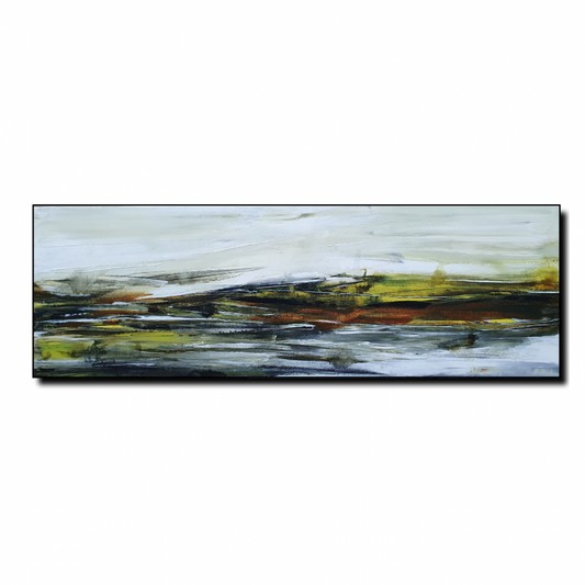 “Abstract landscape painting with earthy tones, deep blacks, muted greens, and a misty, atmospheric sky. Expressive brushstrokes and rich texture create depth, resembling a rugged natural scene.”