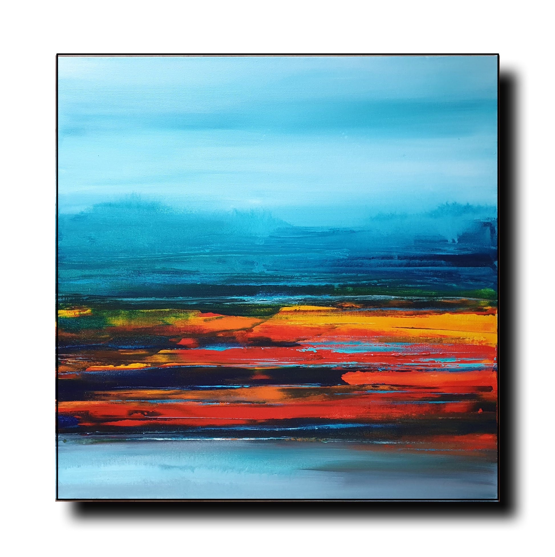 A vibrant abstract Landscape painting titled “Island,” measuring 24x24inches, acrylic on canvas. The artwork features bold strokes of electric blue, fiery orange, yellow, and deep black, layered with textured brushwork. Hints of white and soft pastels blend into the background, creating a sense of movement and depth. Subtle sketch-like details add an urban, dreamlike quality. The piece is ready to hang on the wall.