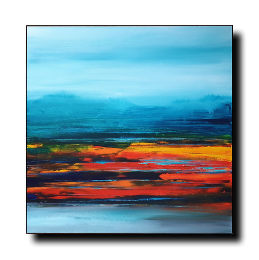 A vibrant abstract Landscape painting titled “Island,” measuring 24x24inches, acrylic on canvas. The artwork features bold strokes of electric blue, fiery orange, yellow, and deep black, layered with textured brushwork. Hints of white and soft pastels blend into the background, creating a sense of movement and depth. Subtle sketch-like details add an urban, dreamlike quality. The piece is ready to hang on the wall.