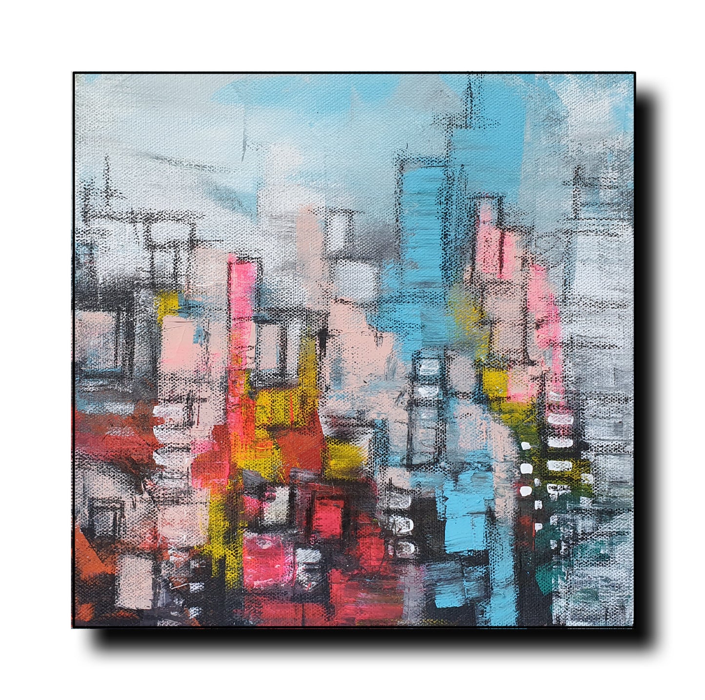 “Abstract cityscape painting titled ‘City Rhythms,’ featuring expressive brushstrokes, vibrant pink, blue, and yellow hues, and a textured urban composition.” #abstractcityscape #art #painting #acrylicpainting #anjalifineartist