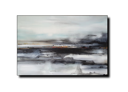 “Abstract landscape painting with soft, misty tones of grey, black, and white, accented by subtle hints of blue and gold. The artwork evokes a dreamy, distant shoreline under a hazy sky.”
#abstractpainting #abstractlandscape #landscape