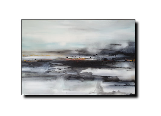 “Abstract landscape painting with soft, misty tones of grey, black, and white, accented by subtle hints of blue and gold. The artwork evokes a dreamy, distant shoreline under a hazy sky.”
#abstractpainting #abstractlandscape #landscape