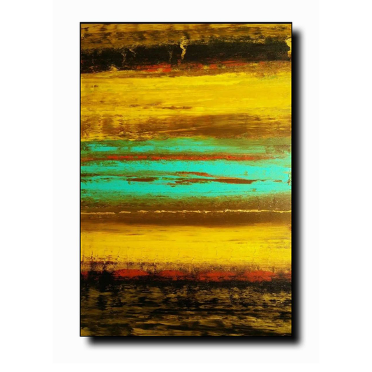 “Abstract landscape painting with bold yellow, turquoise, brown, and red horizontal layers, evoking a vibrant sunset or horizon.